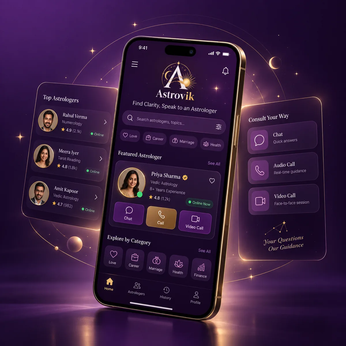 Astrovik app screen showing top astrologers, a featured astrologer profile, and chat, call and video call options