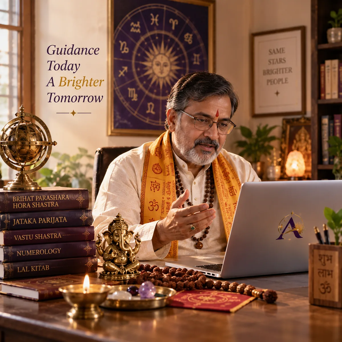 An experienced Vedic astrologer consulting a client over video call from his study, surrounded by astrology books and a birth chart