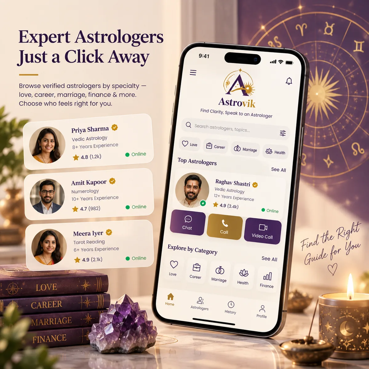 Astrovik astrologer listing screen showing top astrologers with ratings, and a featured astrologer with chat, call and video call options