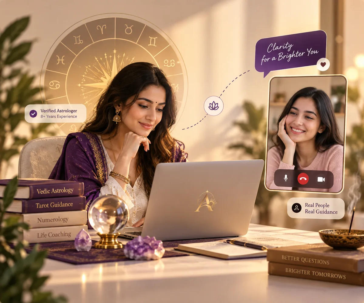 A verified Astrovik astrologer giving a video consultation, with a client shown on screen