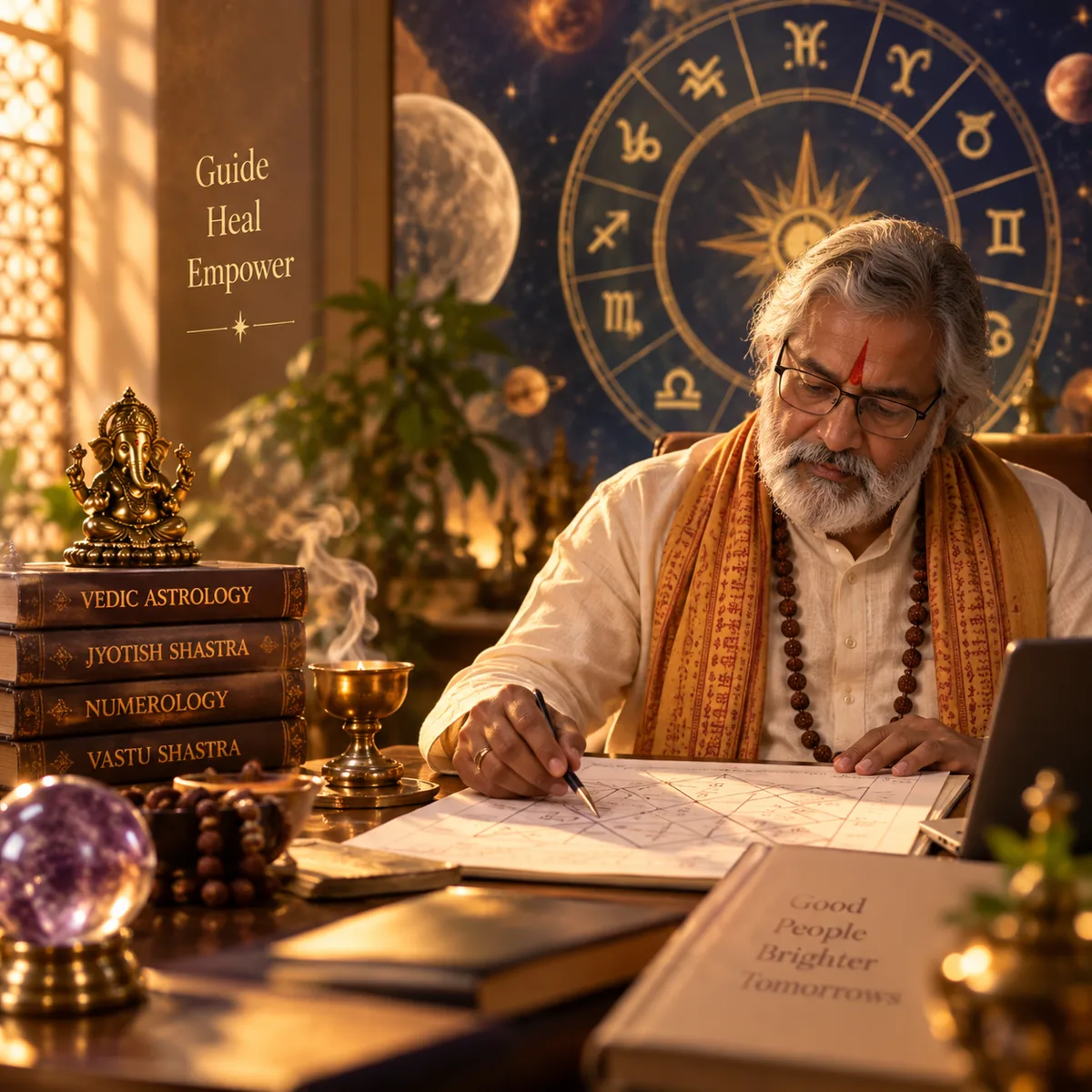A Vedic astrologer studying a birth chart at his desk, surrounded by astrology books and a Ganesha idol