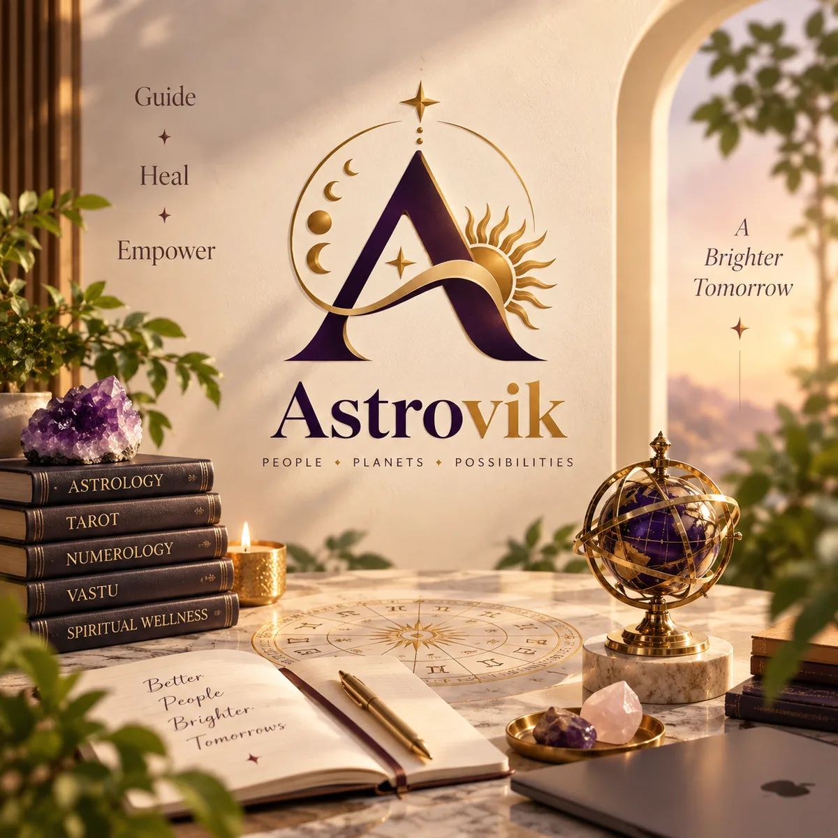The Astrovik logo on a wall above a desk with astrology books, a globe and a birth chart