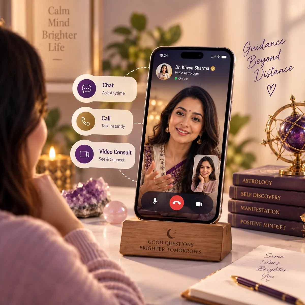A woman on a video consultation with an Astrovik astrologer, with chat, call and video consult options shown alongside