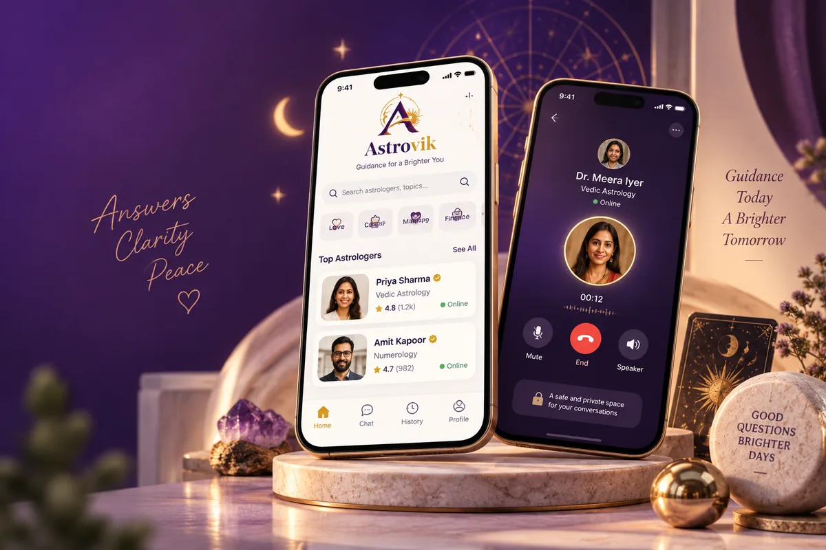Astrovik app screens showing the astrologer home screen and a live call with an astrologer