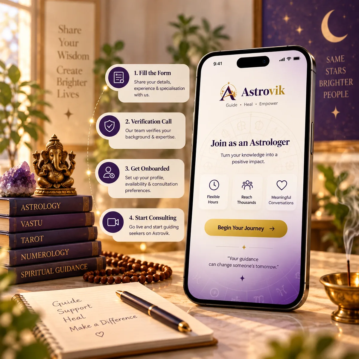 Astrovik astrologer onboarding steps — fill the form, verification call, get onboarded, start consulting — next to the Join as an Astrologer app screen