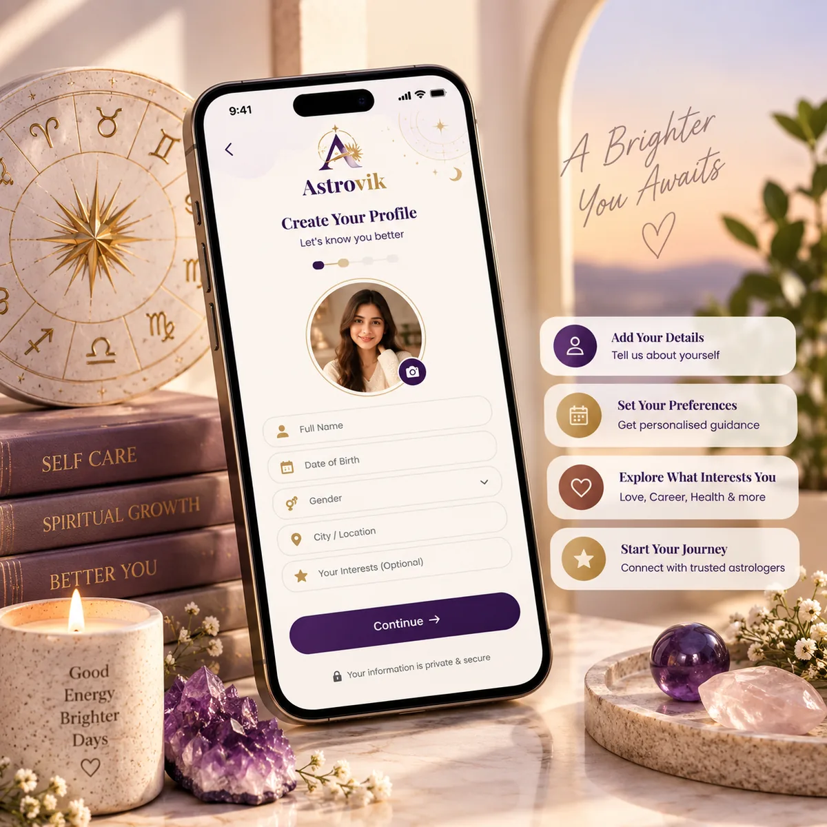 Astrovik create-your-profile screen on a phone, surrounded by candles, crystals and a zodiac wheel