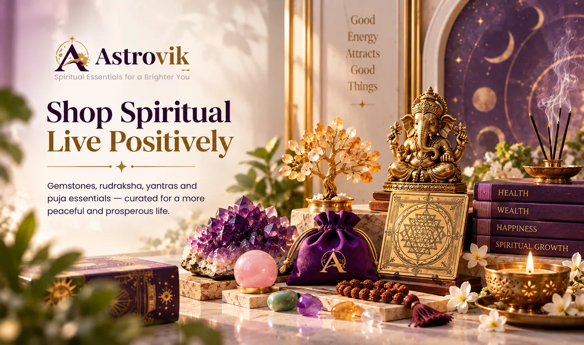 Astrovik Shop Spiritual — gemstones, rudraksha, a Ganesha idol, a Sri Yantra and puja essentials laid out on a marble table