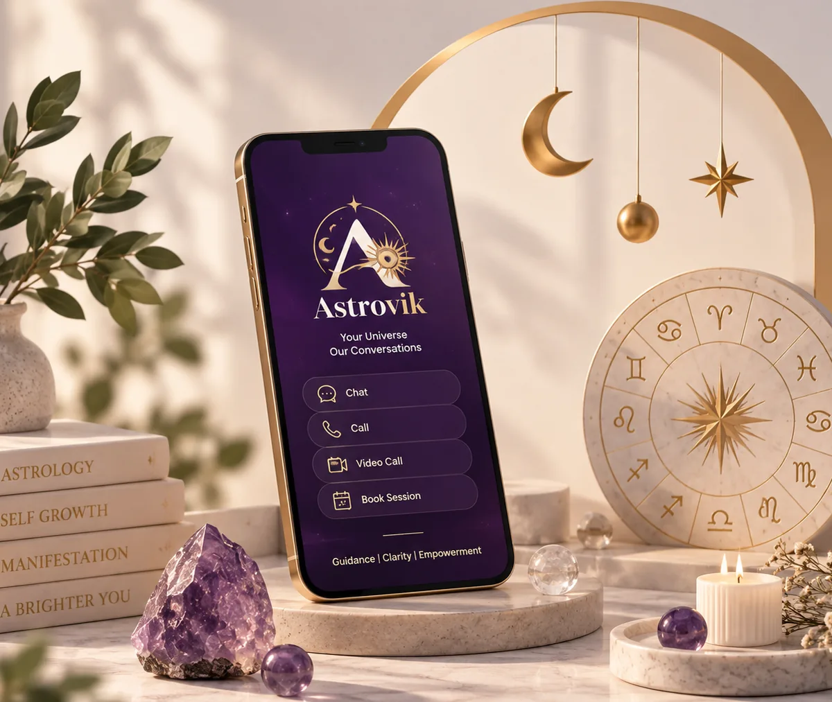 Astrovik app on a phone surrounded by crystals, a zodiac wheel and astrology books